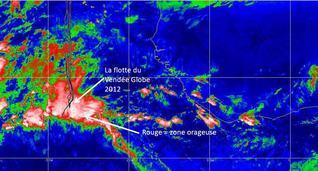 Les zones d’orage autour de la flotte du Vendée Globe 2012